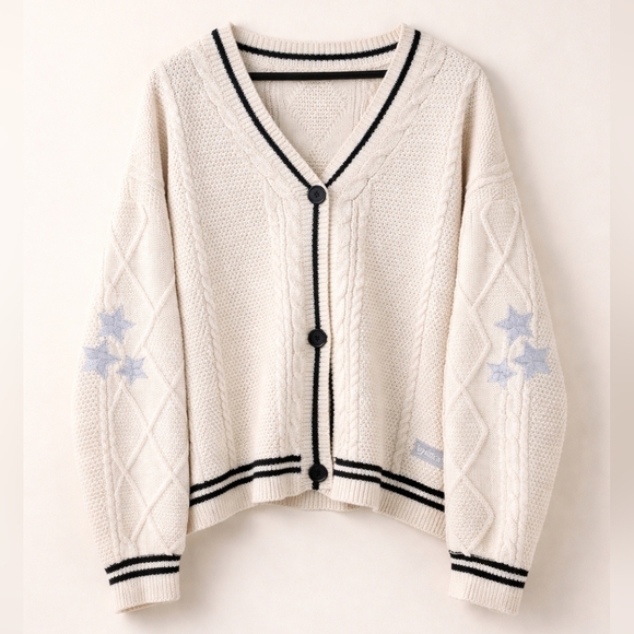 Tayler Swift Sweaters - Taylor Swift Women's Inspired Cream Star Oversize Cable Knit Cardigan Size XL.